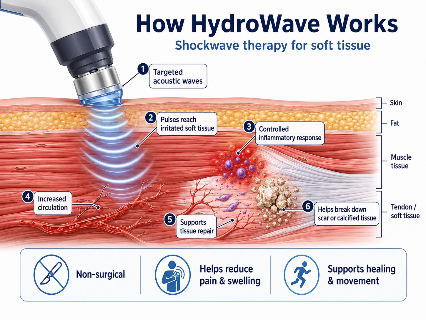 Diagram showing how HydroWave shockwave therapy penetrates skin and soft tissue to trigger healing
